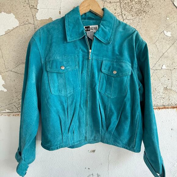 Vintage Suede Trucker Jacket Womens L Turquoise Teal 90s Leather Bomber Western - Picture 3 of 7